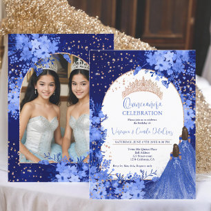 Invitation princesse rose dorée bleue fleurie Twins Quinceane