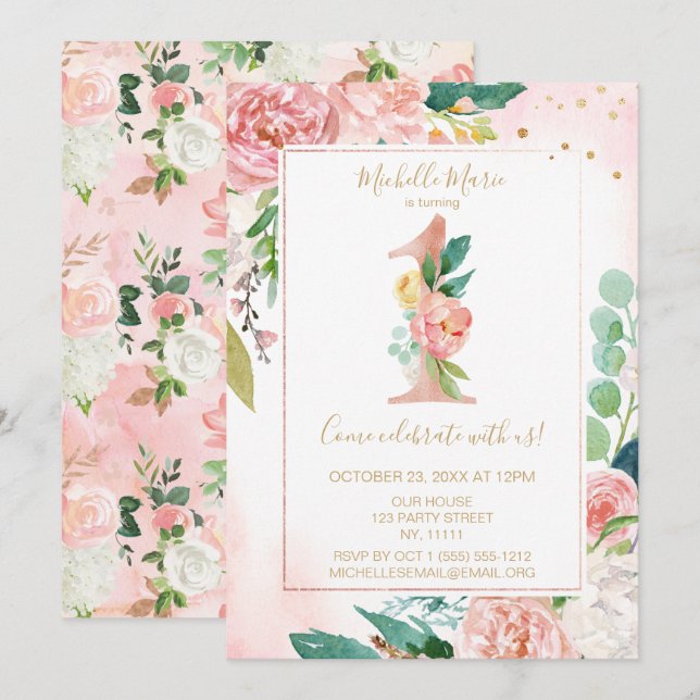 Invitation Princesse rose et or Floral Premier anniversaire (Devant / Derrière)