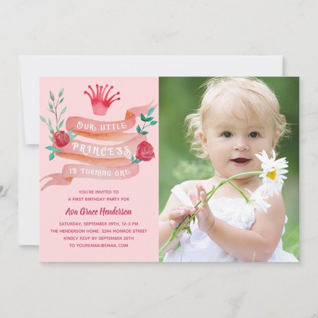 Invitation Princesse rose Filles 1er Anniversaire Photo (Devant)
