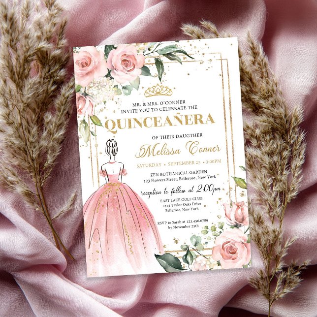Invitation princesse rose florale floue robe or tiara 15e (Blush floral pink princess dress gold tiara 15th invitation)