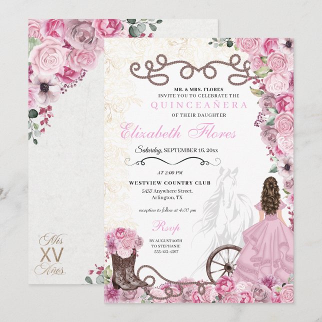 Invitation Princesse rose occidentale Floral Charra Quinceañe (Devant / Derrière)