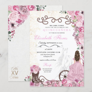 Invitation Princesse rose occidentale Floral Charra Quinceañe