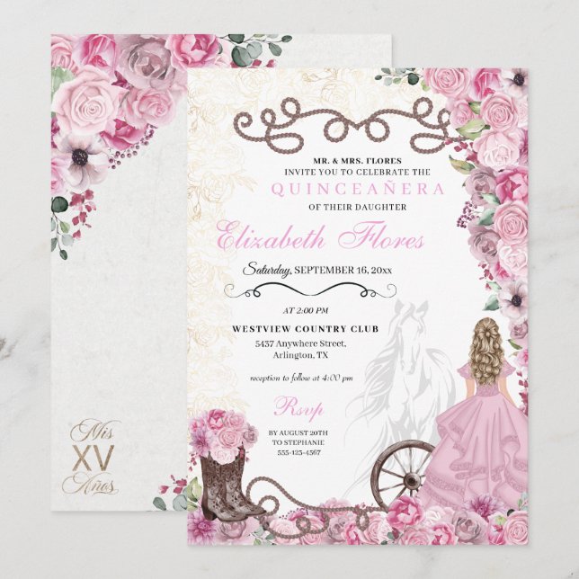 Invitation Princesse rose occidentale Floral Charra Quinceañe (Devant / Derrière)