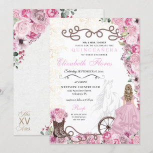 Invitation Princesse rose occidentale Floral Charra Quinceañe