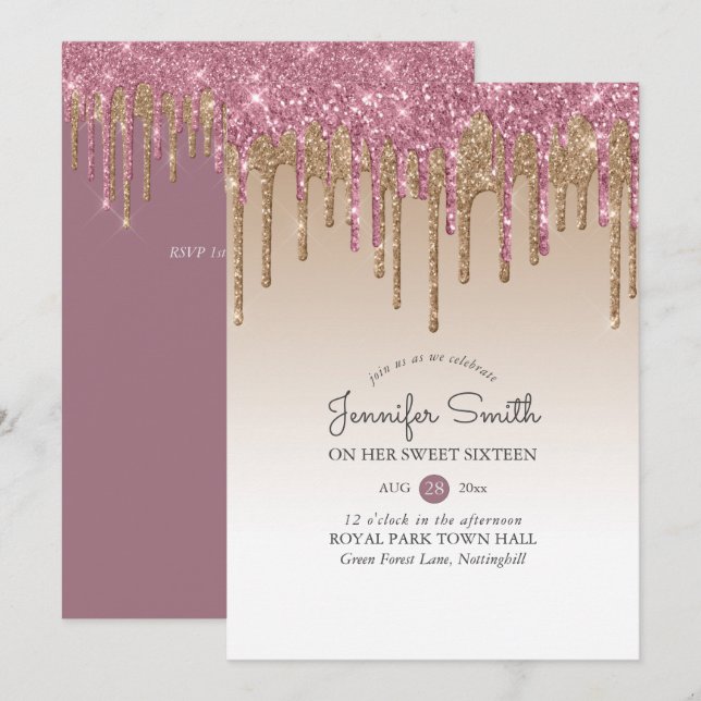 Invitation Princesse ROSE PINK OR Parties scintillant de gout (Devant / Derrière)