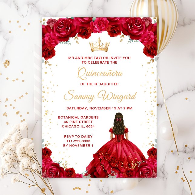 Invitation Princesse Rouge Floral Quinceañera (Créateur téléchargé)