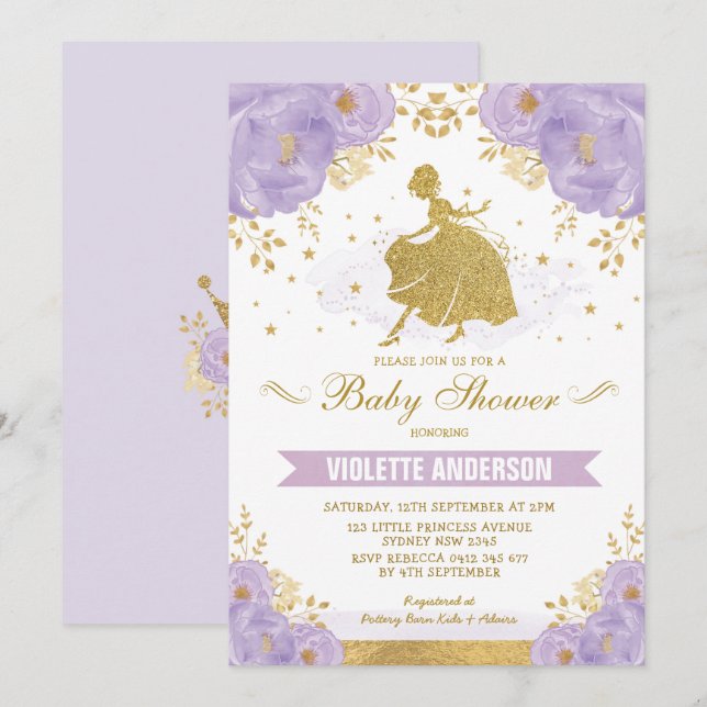 Invitation Princesse royale baby shower d'or floral de (Devant / Derrière)