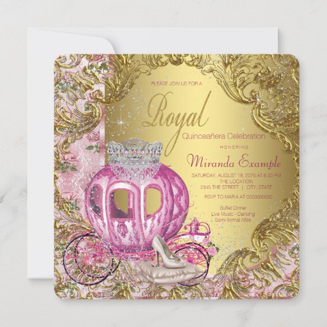 Invitation Princesse Royale Quinceañera Rose et Or (Devant)