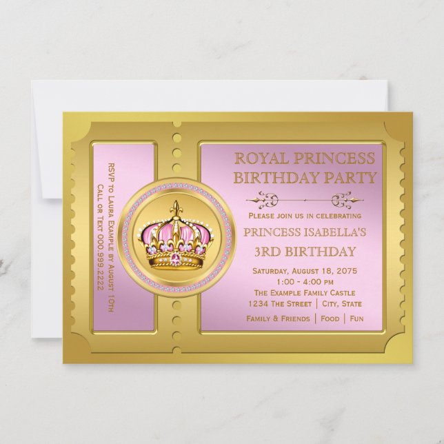 Invitation Princesse Royale Rose et Or Anniversaire (Devant)