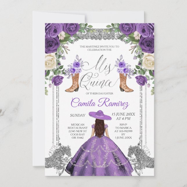 Invitation Princesse Silver Purple Espagnol Girl Sweet 15e (Devant)