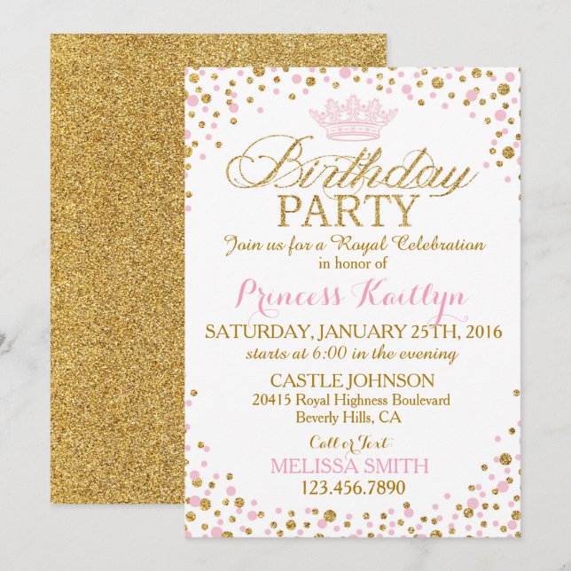 Invitation Princesse Sparkle rose et Parties scintillant or A (Devant / Derrière)