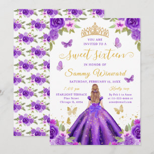 Invitation Princesse Sweet Sixteen Fleurs Violettes Diadème D