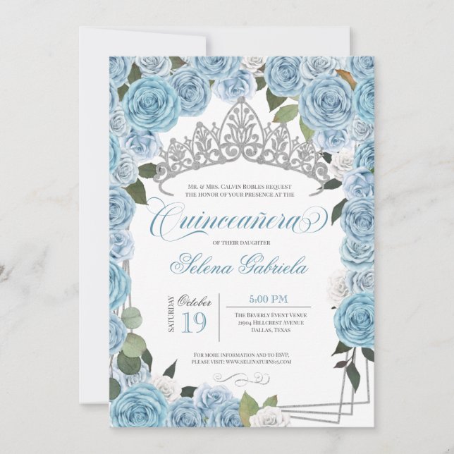 Invitation Princesse Tiara Bleu clair Roses V2 Quinceanera (Devant)