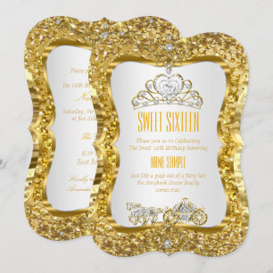 Invitation Princesse Tiara Doré Sweet 16 Or Blanc