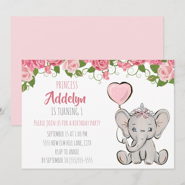 Invitation Princesse Tiara Elephant rose Floral 1er anniversa (Devant / Derrière)