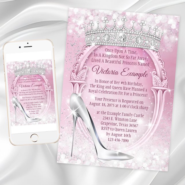 Invitation Princesse Tiara en verre Chaussure Cendrillon Anni (Princess Birthday Invitation with glass slipper and tiara. Any occasion princess invitation. )