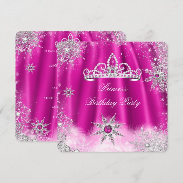 Invitation Princesse Tiara Hot rose Flocon de neige fête d'an (Devant / Derrière)