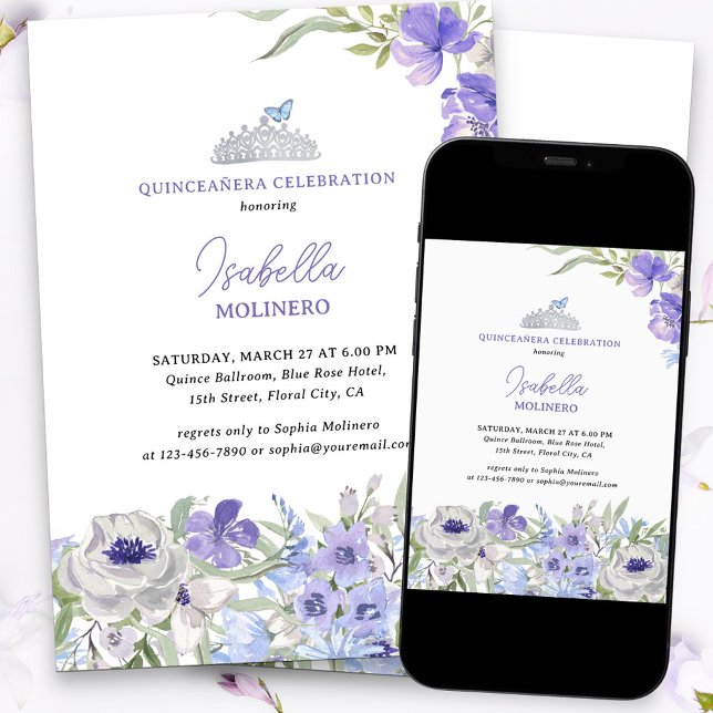Invitation Princesse Tiara Purple Peri Floral Quinceanera (Purple floral quinceanera invitation with silver tiara and butterfly)