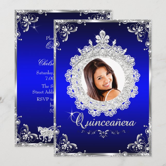 Invitation Princesse Tiara Royal Blue Sparkle Quinceanera (Devant / Derrière)