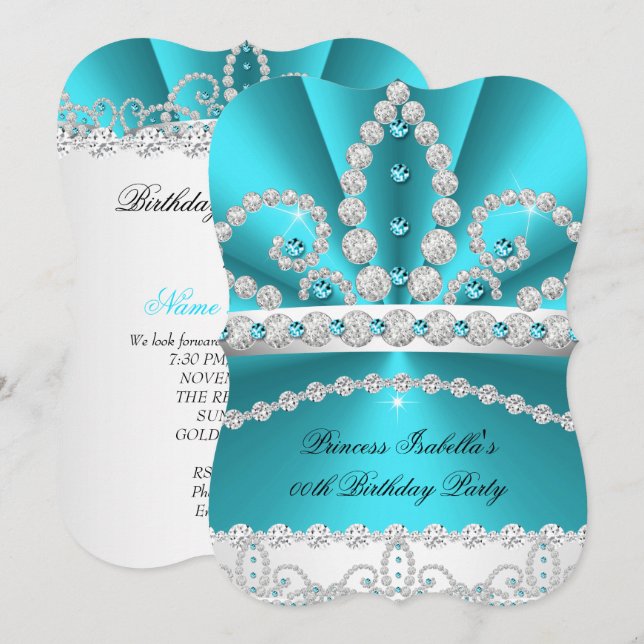 Invitation Princesse Turquoise Diamant Bleu Tiara fête d'anni (Devant / Derrière)