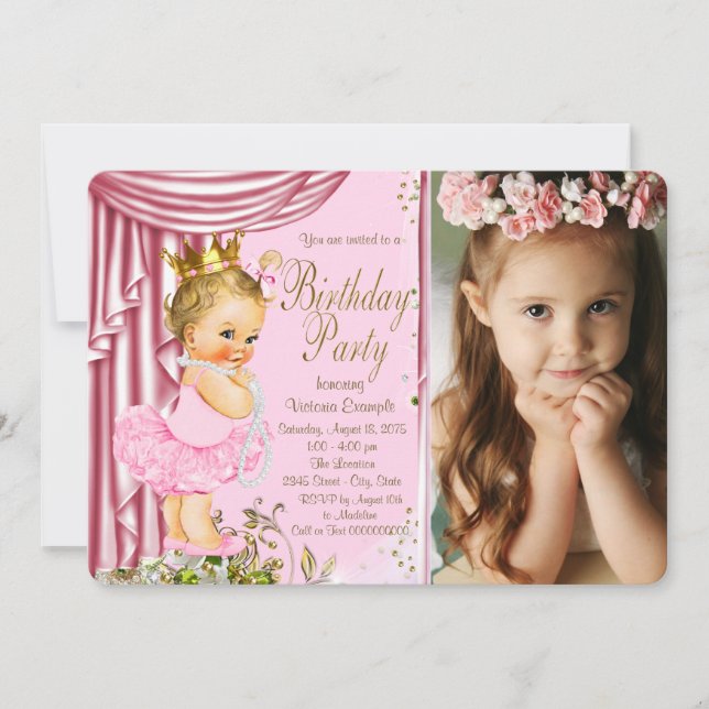 Invitation Princesse Tutu Pearl rose et or fête d'anniversair (Devant)