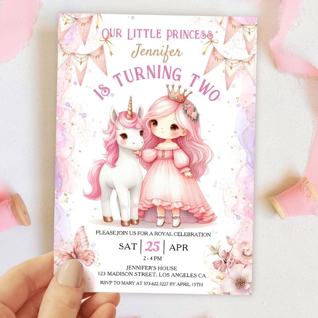Invitation Princesse Unicorn 2e anniversaire fille rose (Créateur téléchargé)