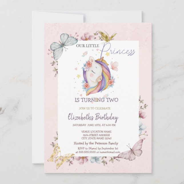 Invitation Princesse Unicorn Papillons rose Anniversaire (Devant)