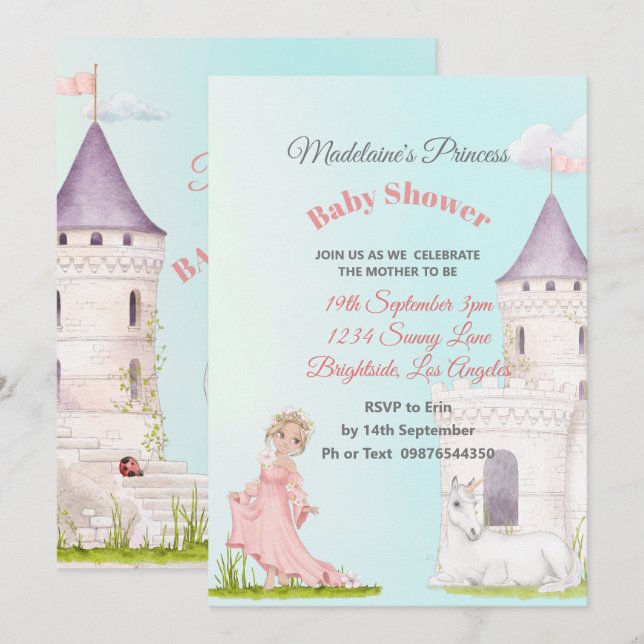 Invitation Princesse Unicorn rose Bleu Bébé fille Douche Invi (Devant / Derrière)