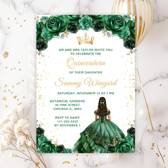 Invitation Princesse Vert foncé Floral Quinceañera (Créateur téléchargé)