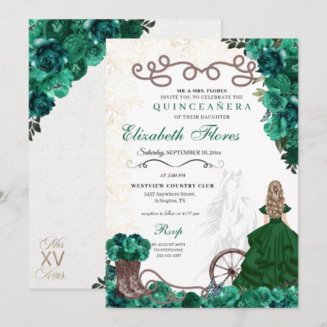 Invitation Princesse verte occidentale Floral Charra Quinceañ (Devant / Derrière)