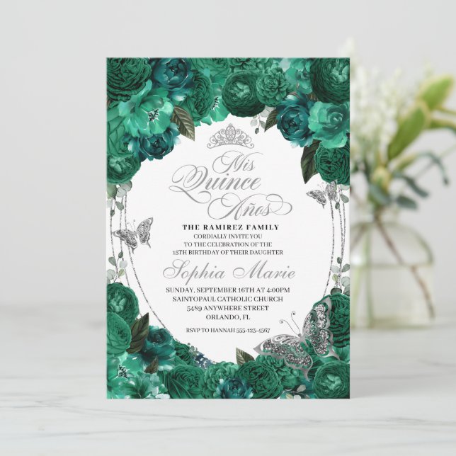 Invitation Princesse verte Tiara Butterfly Quinceanera (Debout devant)