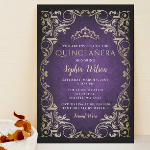 Invitation Princesse vintage en or violet Tiara Quinceañera