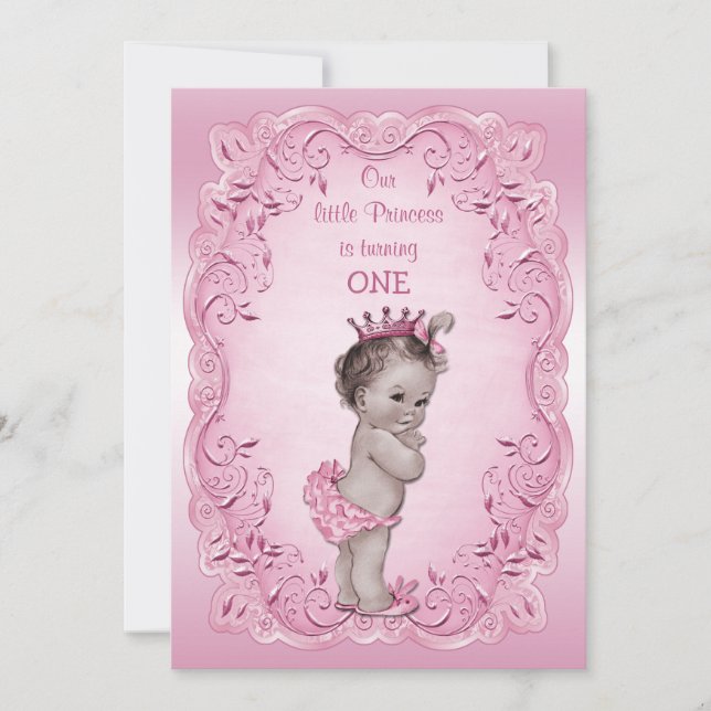 Invitation Princesse Vintage rose 1er anniversaire (Devant)