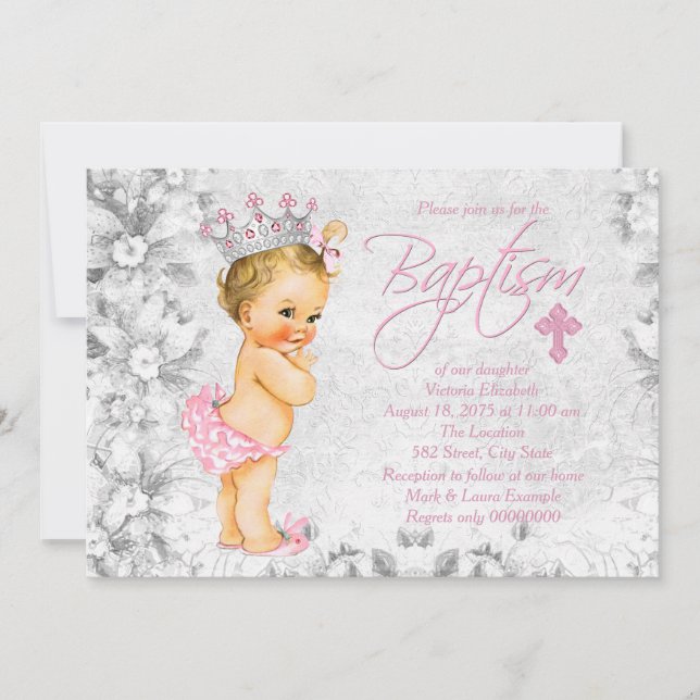 Invitation Princesse Vintage rose et gris Baptême (Devant)