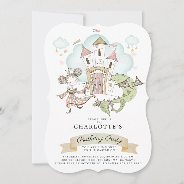 Invitation Princesse Watercolor Castle Dragon Girl'Anniversai (Devant)