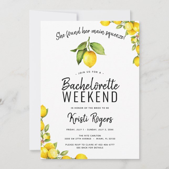 Invitation Principal Squeeze Lemon Bachelorette Week-end Itin (Devant)