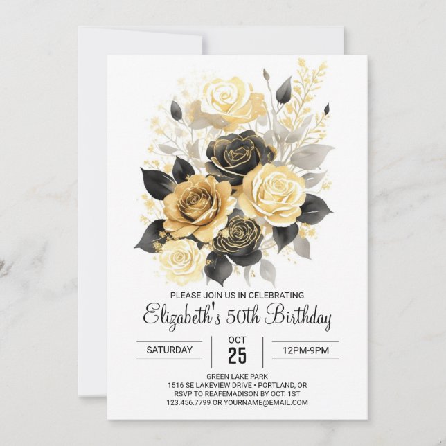 Invitation Printable Bloom Gold et Black 50e anniversaire (Devant)