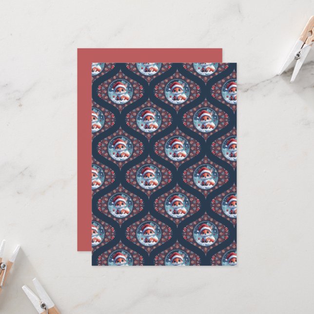 Invitation Printable Kawaii Christmas Fox Mandala Ogee Damask (Devant/Arrière en situation)