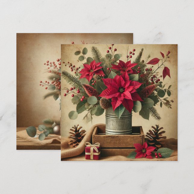 Invitation Printable Rustique Vintage Noël Poinsettia (Devant / Derrière)