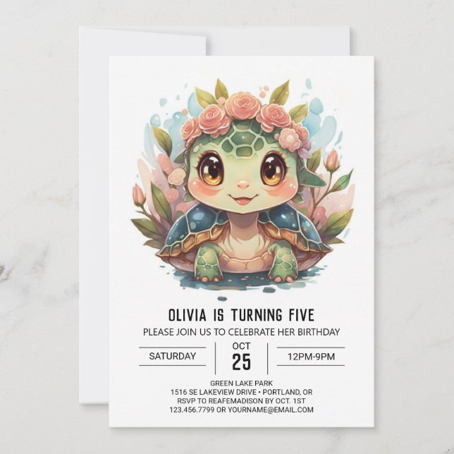 Invitation Printable Turtle Girl Anniversaire (Devant)