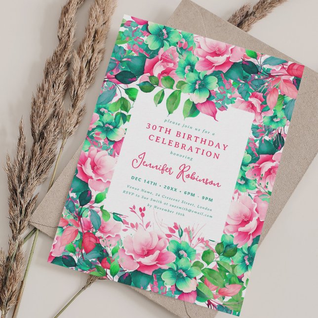 Invitation Printemps Eté Aquarelle Florale 30e Anniversaire (Spring Summer Watercolor Floral 30th Birthday Invitation)