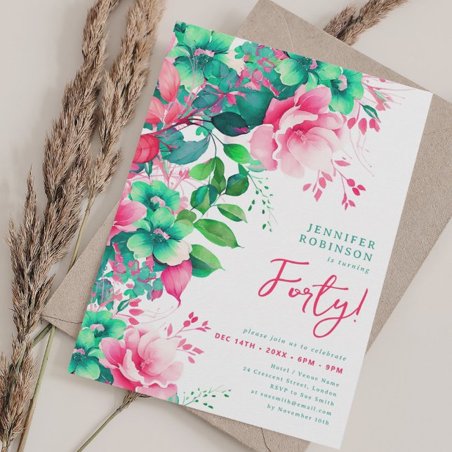 Invitation Printemps Eté Aquarelle Florale 40e Anniversaire (Spring Summer Watercolor Floral 40th Birthday Invitation)