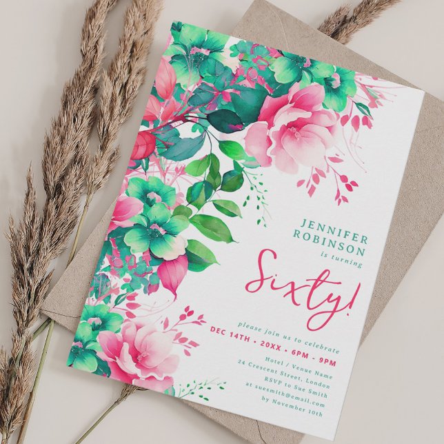 Invitation Printemps Eté Aquarelle Florale 60e Anniversaire (Spring Summer Watercolor Floral 60th Birthday Invitation)