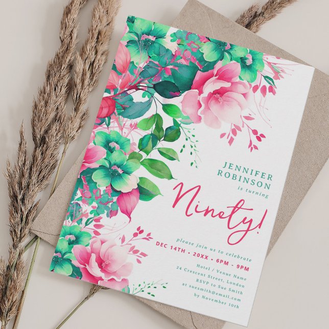 Invitation Printemps Eté Aquarelle Florale 90e Anniversaire (Spring Summer Watercolor Floral 90th Birthday Invitation)