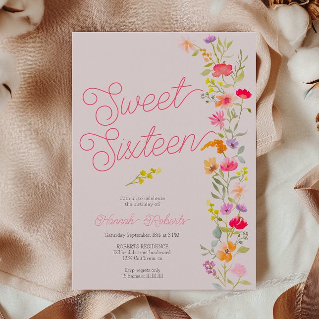 Invitation Printemps été fleur sauvage floral Sweet 16 rose (Spring summer wildflowers floral Sweet 16 pink Invitation on pink)