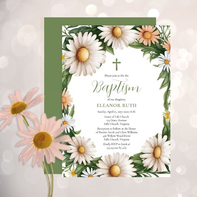 Invitation Printemps Fleurs de marguerite Fille Baptême Flora (Créateur téléchargé)