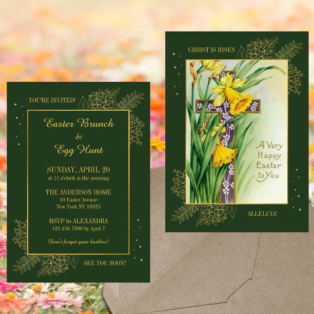 Invitation Printemps Floral Chasse aux oeufs de Brunch de Pâq (Spring Floral Cross Religious Christian Catholic Resurrection Easter Brunch Egg Hunt Invitation)
