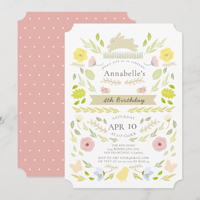 Invitation Printemps Floral Lapin Rose fille Anniversaire (Devant / Derrière)