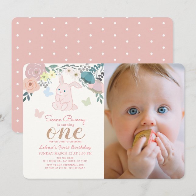 Invitation Printemps Floral Pink Bunny Girl 1ère photo Annive (Devant / Derrière)