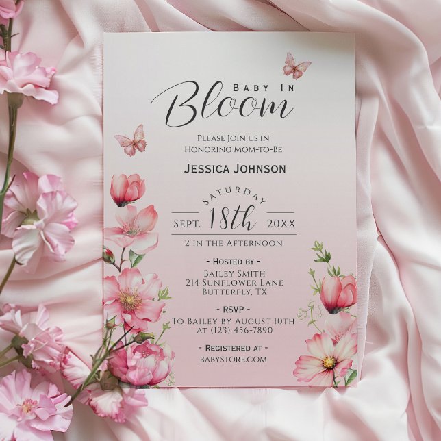 Invitation Printemps Floral rose bébé dans le Baby shower Fil (Pink Baby in Bloom Floral Butterfly Baby Shower Invitation)